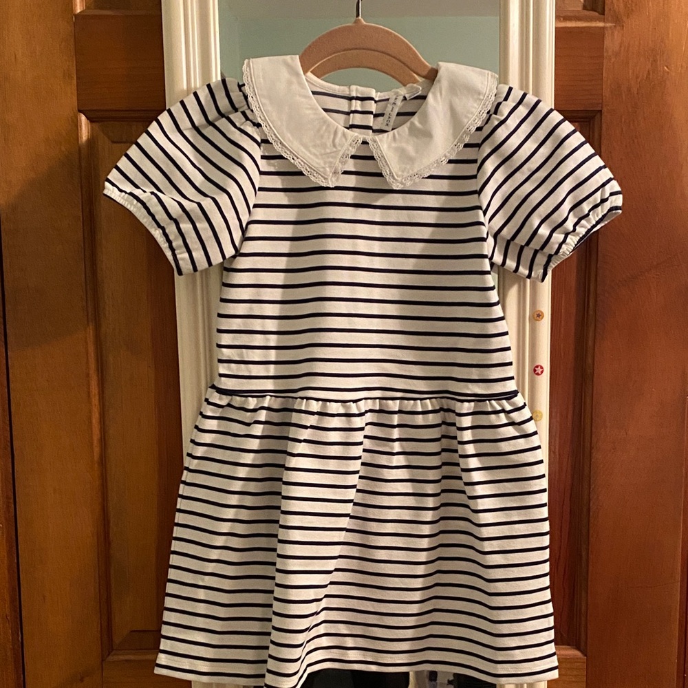 Janie and Jack Navy Striped Girls Dress with Lace Collar